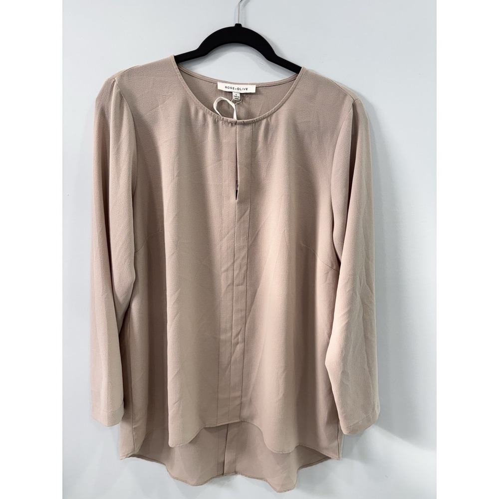 NEW Rose + Olive Blouse Large Beige Pleated Front Long Sleeve High Low Top Flowy